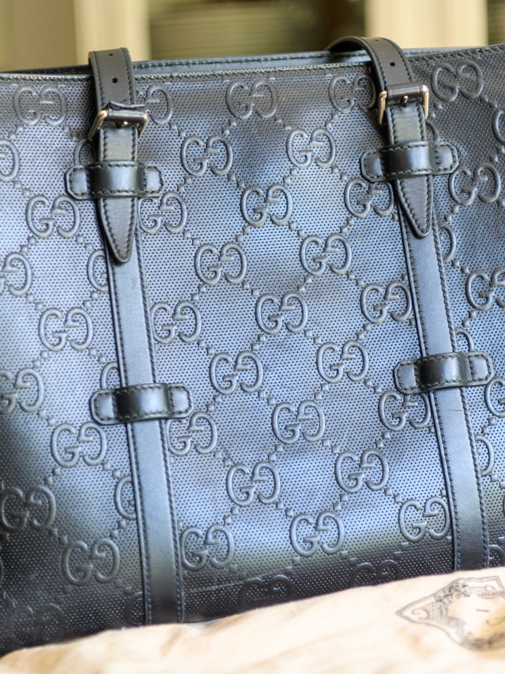 Gucci Black Embossed GG Leather Tote Bag 625774